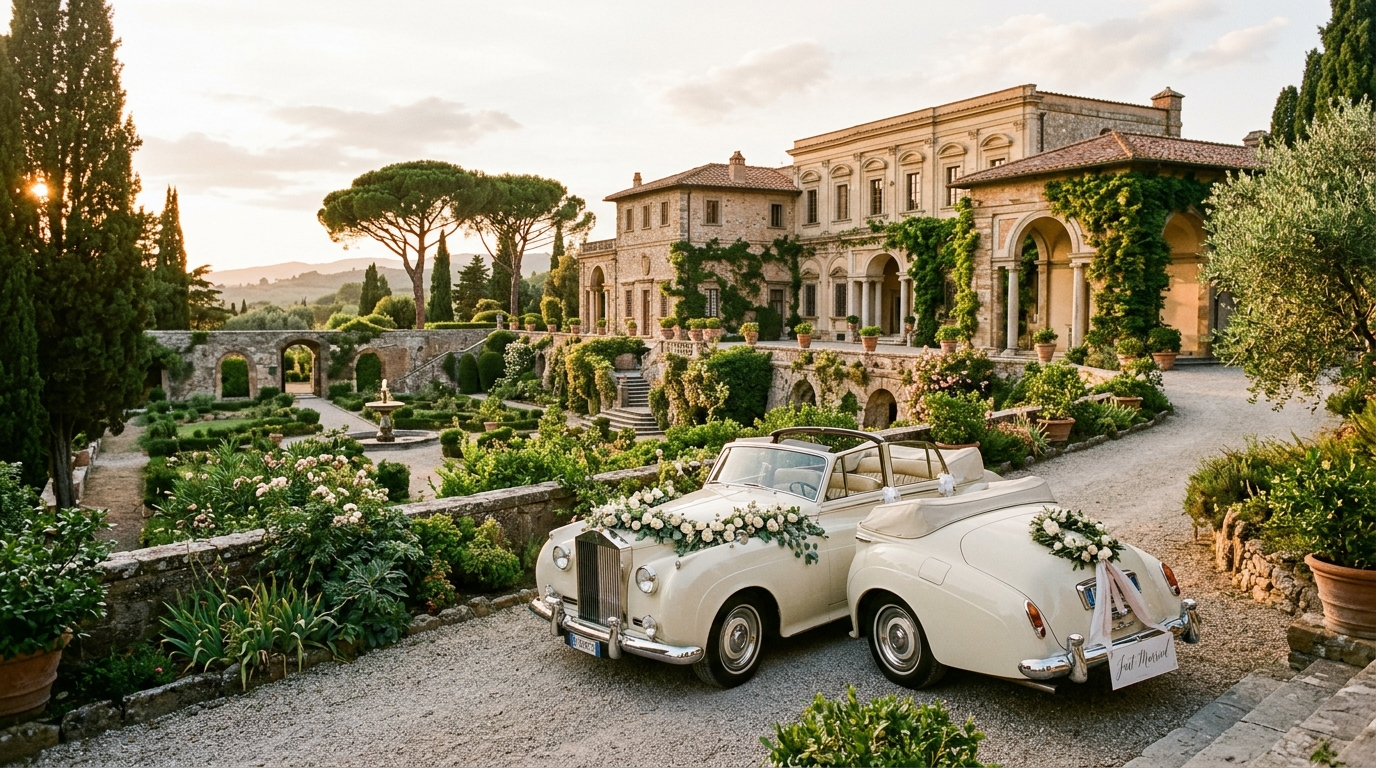 Vintage classic car decorated softly for a wedding near a historic Roman villa garden