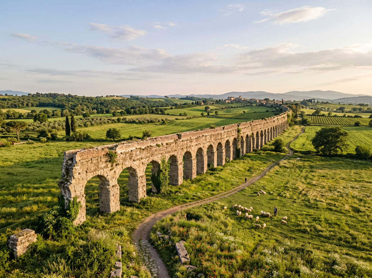 Ancient Roman aqueduct ruins in the countryside surrounded by green fields