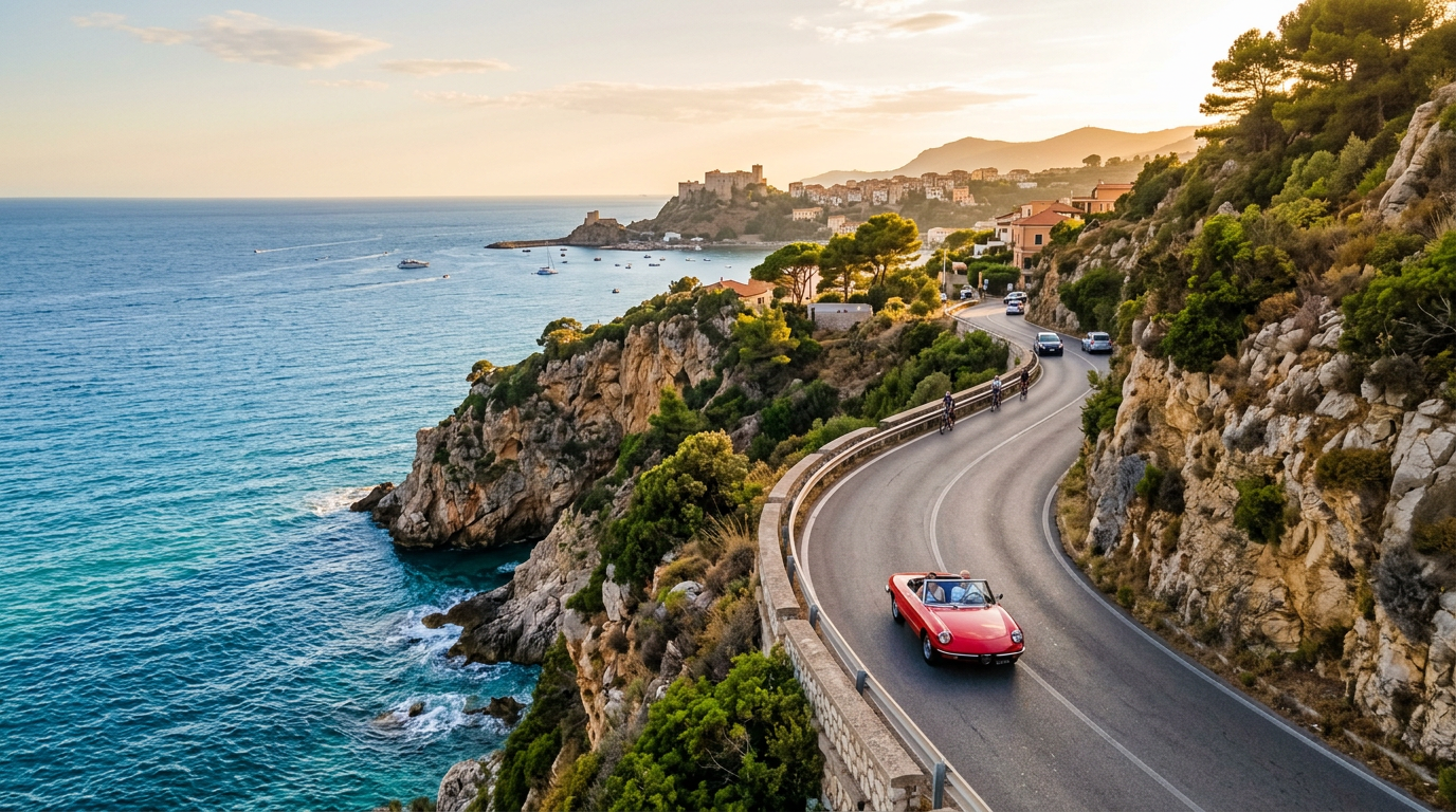 Scenic coastal road near Rome with cliffs and Mediterranean sea