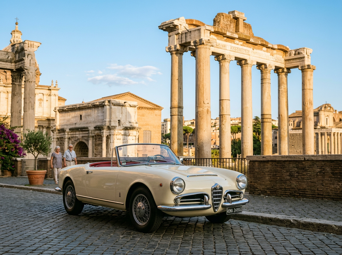 Vintage Italian classic car parked in front of historic Roman stone columns