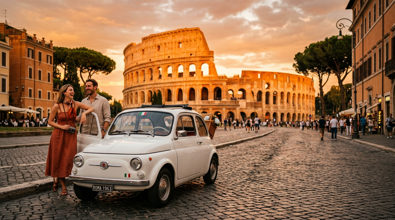 Vintage white Fiat 500 parked on a Roman cobblestone street at golden hour near the Colosseum