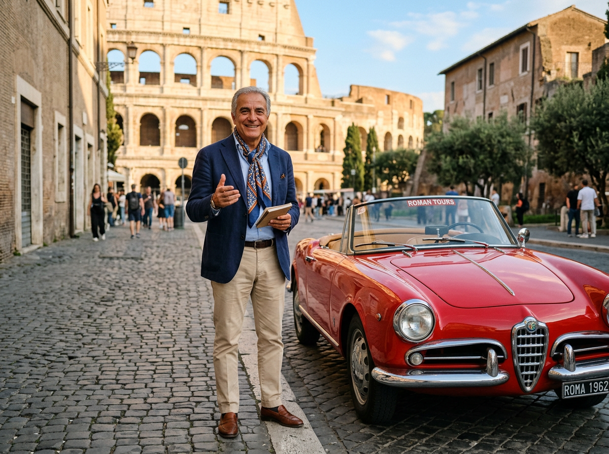 Friendly Italian tour host standing near a vintage classic car in Rome