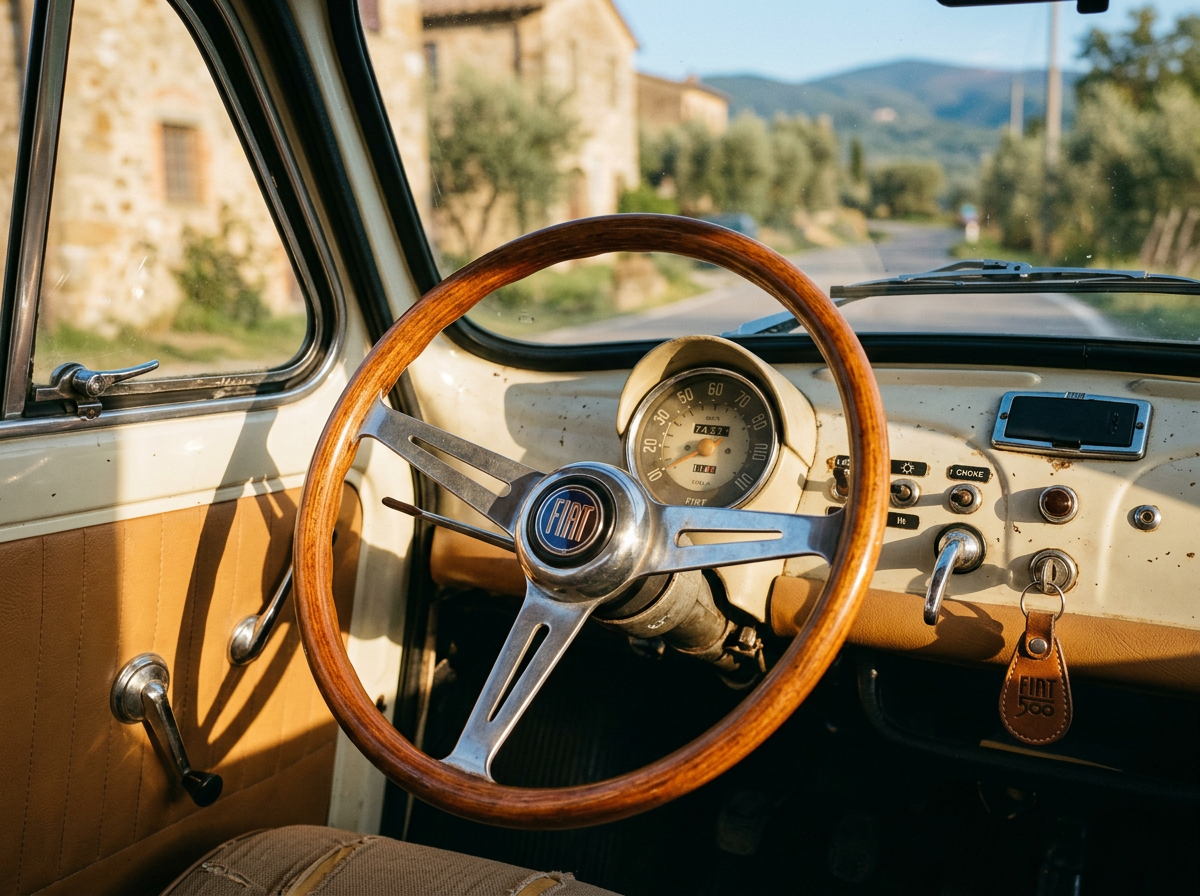 Vintage Fiat 500 dashboard and wooden steering wheel in warm sunlight